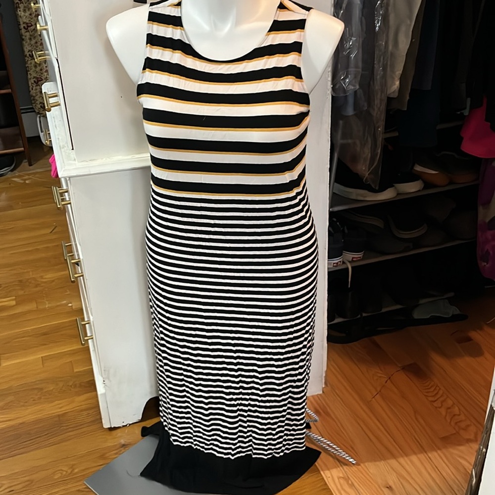 Loft black/gold/white striped dress large